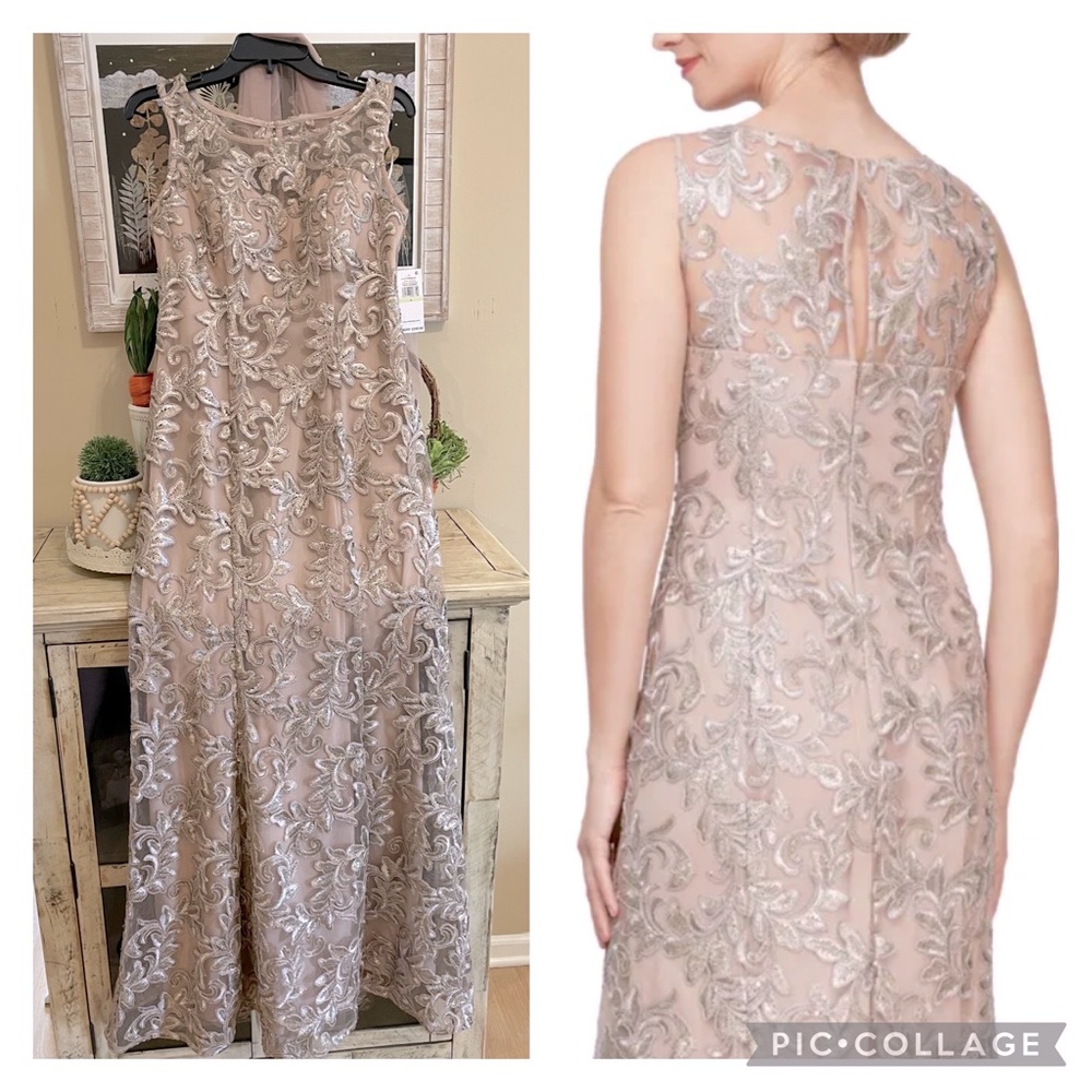 NWT Alex Evenings Illusion Neckline Embroidered Gown